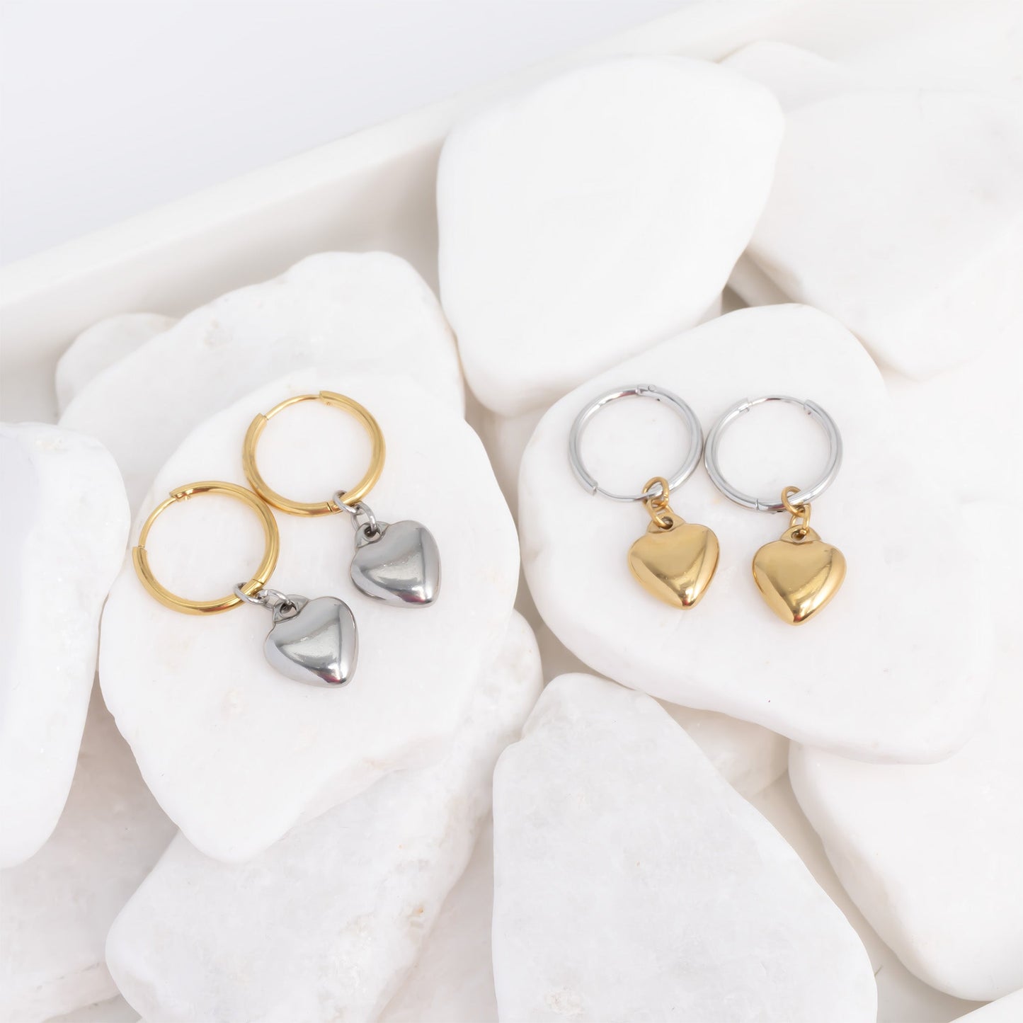 18K Gold PVD Stainless Steel Mixed Metal Huggie Heart Charm Earrings / ERJ0105