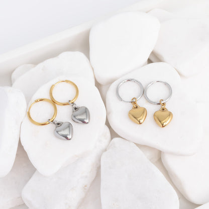 18K Gold PVD Stainless Steel Mixed Metal Huggie Heart Charm Earrings / ERJ0105