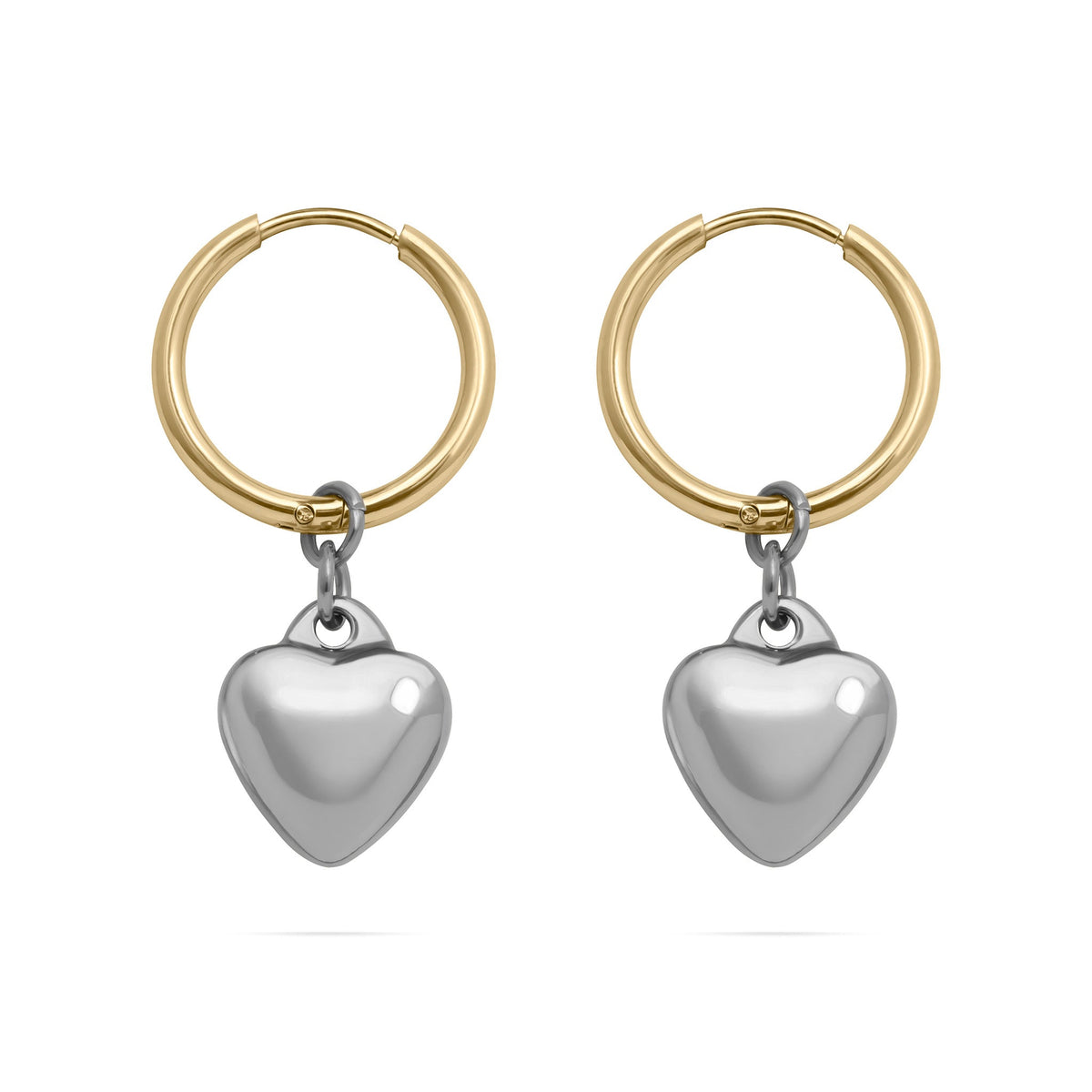 18K Gold PVD Stainless Steel Mixed Metal Huggie Heart Charm Earrings / ERJ0105