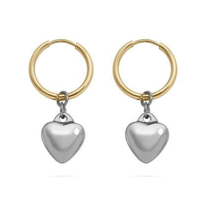 18K Gold PVD Stainless Steel Mixed Metal Huggie Heart Charm Earrings / ERJ0105