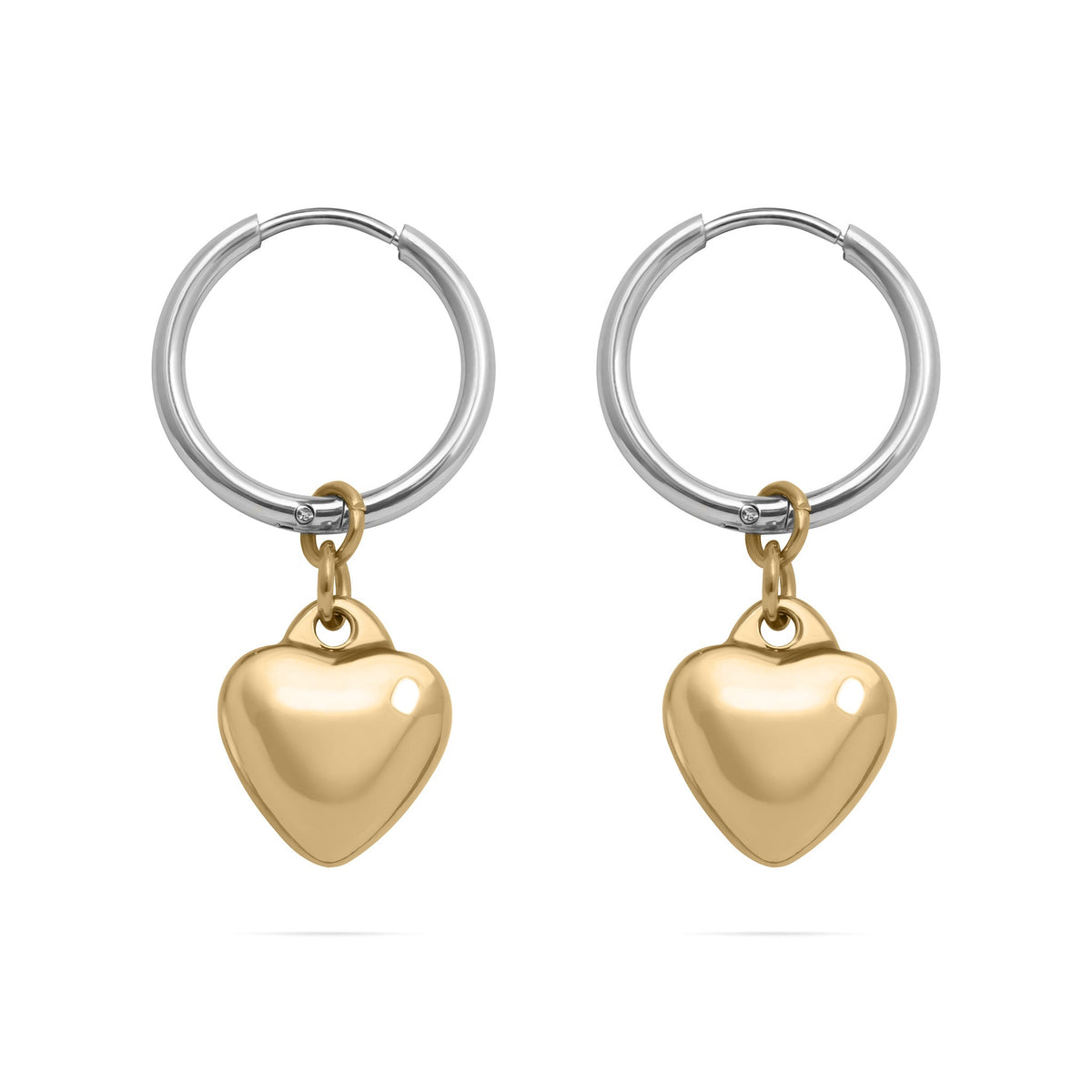 18K Gold PVD Stainless Steel Mixed Metal Huggie Heart Charm Earrings / ERJ0105