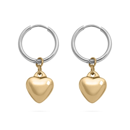 18K Gold PVD Stainless Steel Mixed Metal Huggie Heart Charm Earrings / ERJ0105