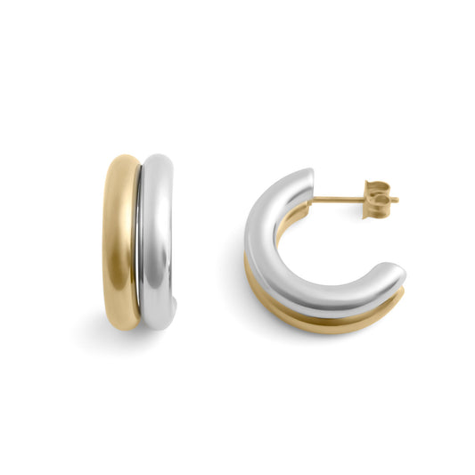 18K Gold PVD Stainless Steel Mixed Metal Side By Side Huggie Earrings / ERJ0106
