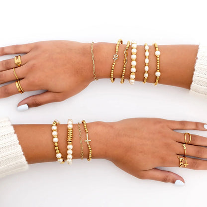18K Gold PVD 8mm Kiska Glass Pearl Beaded Stretch Bracelet / BRJ1081