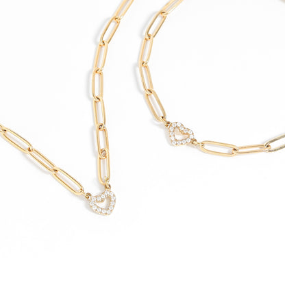 18K Gold PVD Stainless Steel Stone "Heart" Paperclip Chain Bracelet / BRJ1006