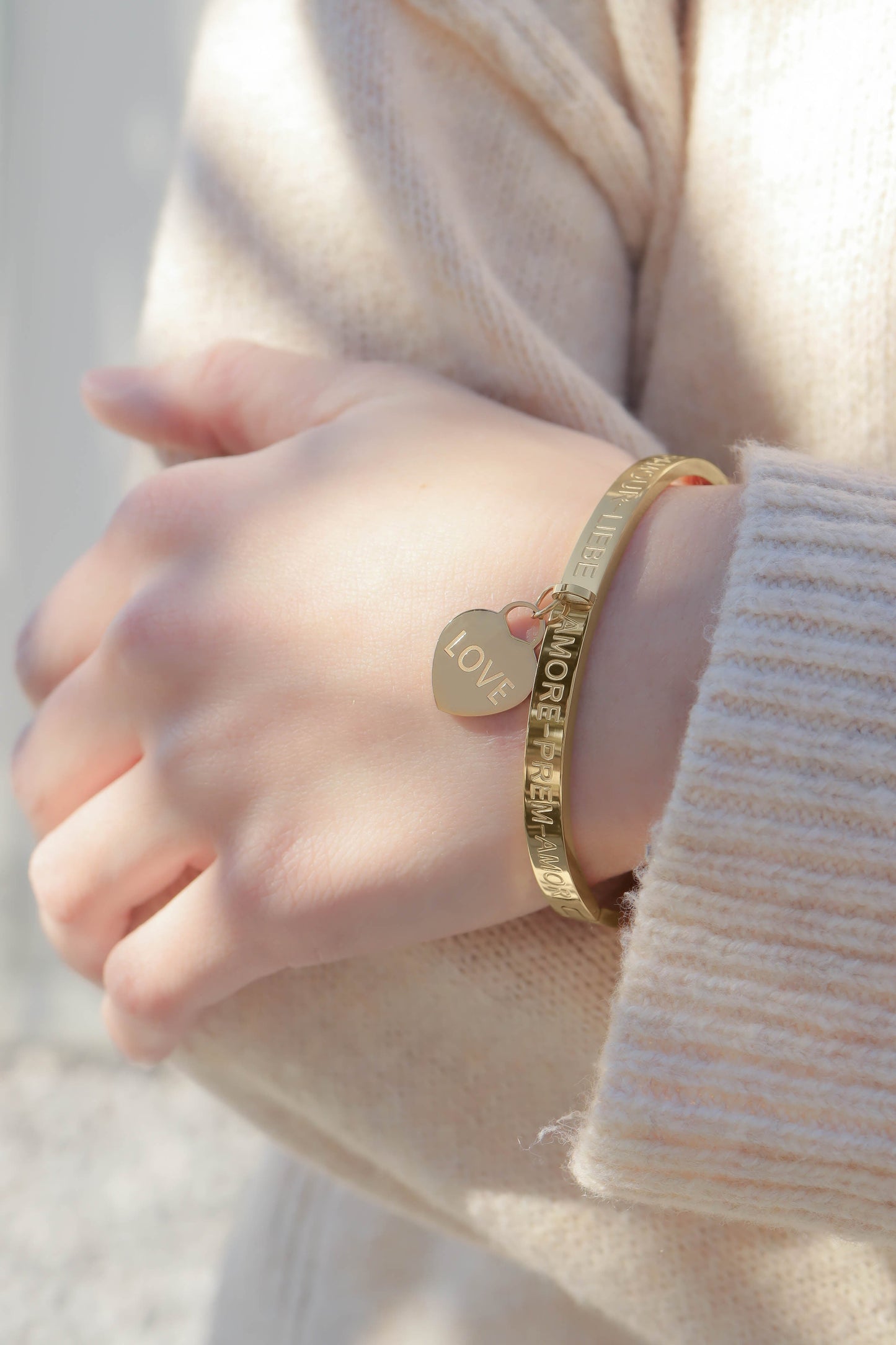 18K Gold PVD Stainless Steel Love Languages Heart Charm Bangle / BRJ1013