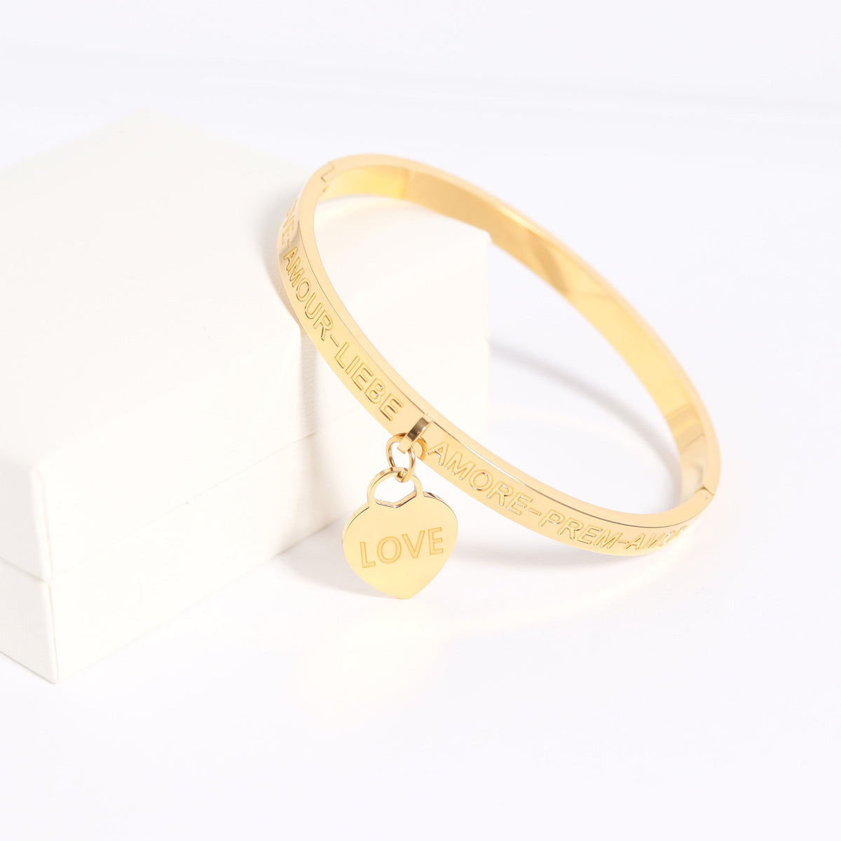 18K Gold PVD Stainless Steel Love Languages Heart Charm Bangle / BRJ1013
