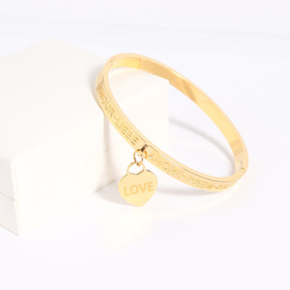 18K Gold PVD Stainless Steel Love Languages Heart Charm Bangle / BRJ1013