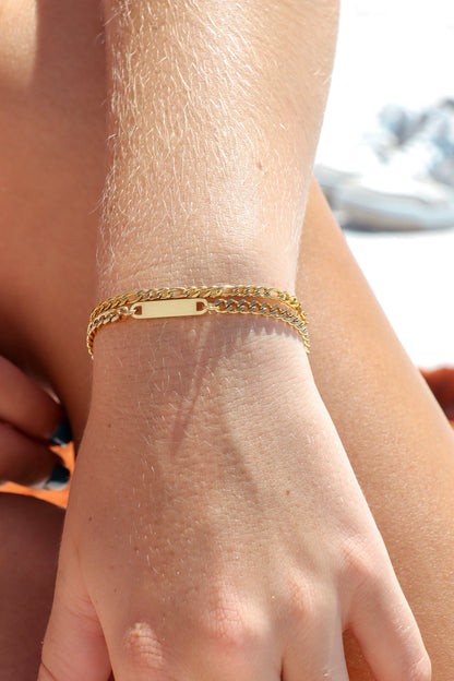 18K Gold PVD Stainless Steel Engravable Curb Chain Bar Bracelet / SBB0339