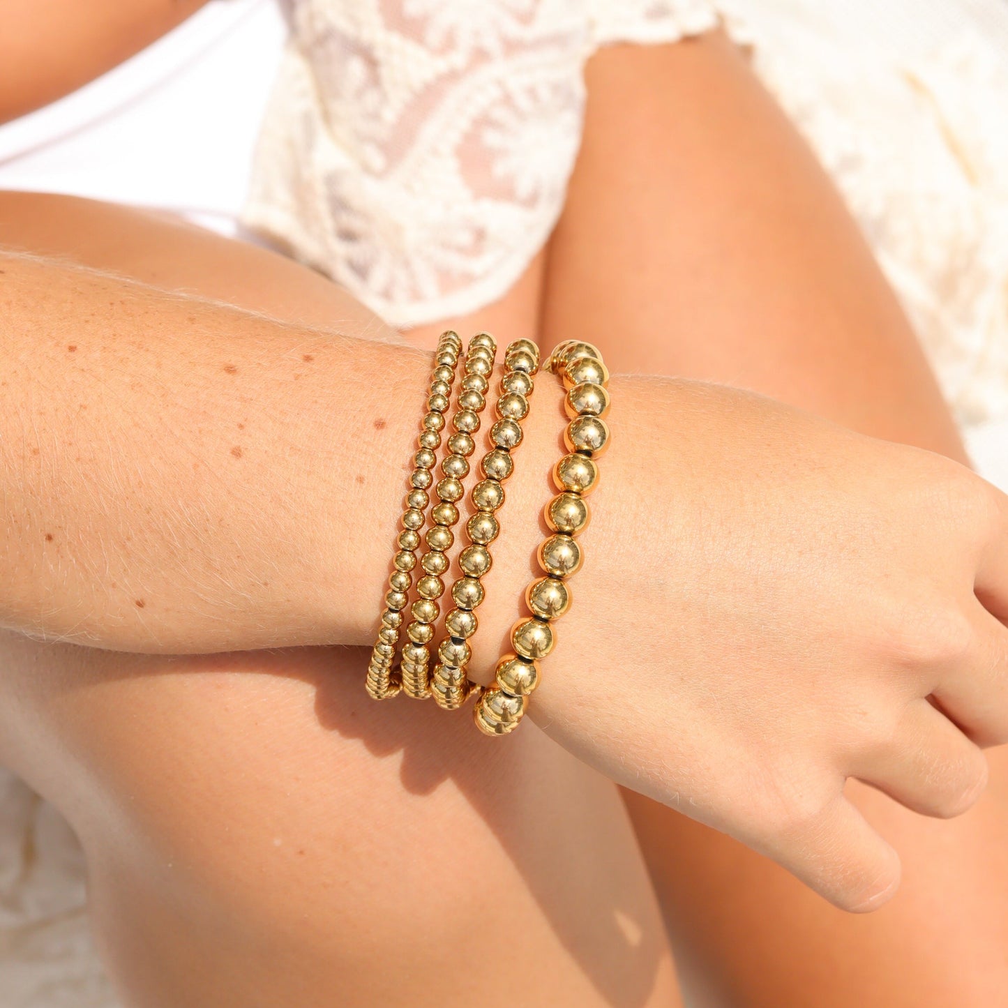 18K Gold PVD Stainless Steel Beaded Stretch Bracelet / SBB0342