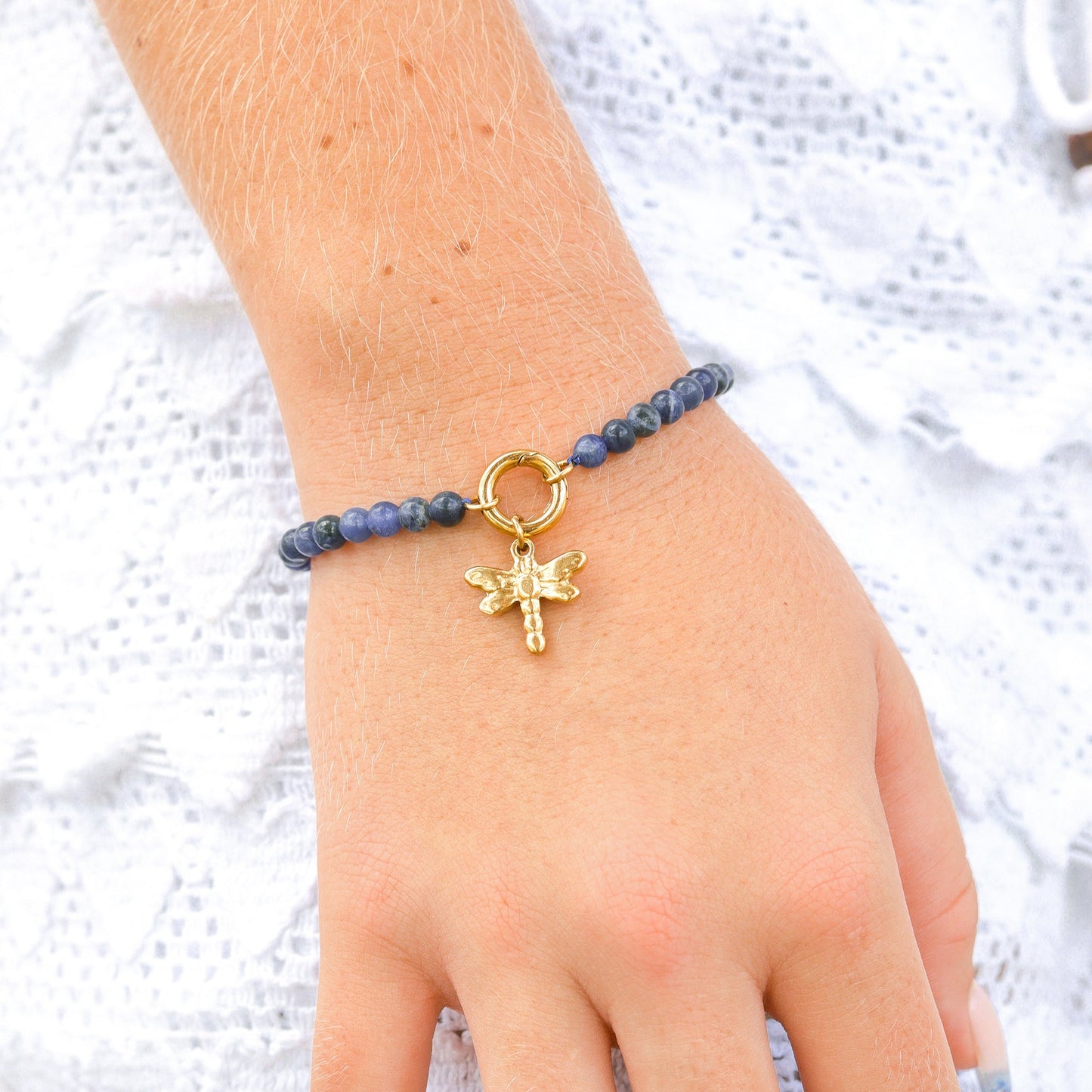 18K Gold PVD Stainless Steel Semi Precious Natural Stone Charm Keeper Bracelet / SBB0358