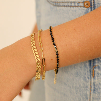 18K Gold PVD Stainless Steel Jet Rhinestone Tennis Chain Bracelet / TBR0004