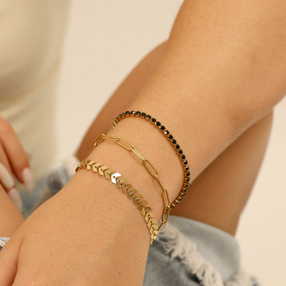 18K Gold PVD Stainless Steel Jet Rhinestone Tennis Chain Bracelet / TBR0004