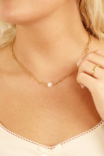18K Gold PVD Stainless Steel Paperclip Necklace With Pearl / CHN9956