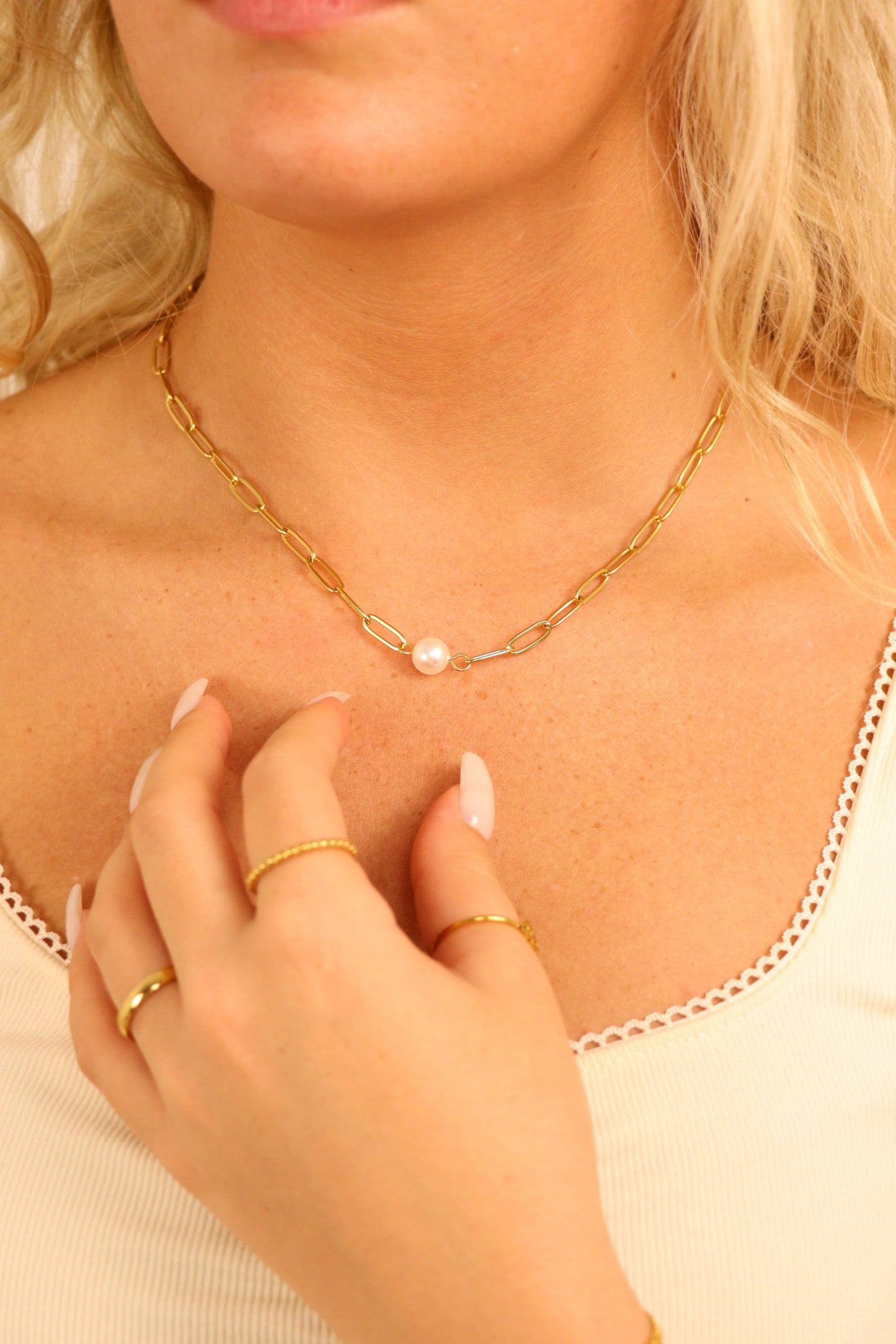 18K Gold PVD Stainless Steel Paperclip Necklace With Pearl / CHN9956