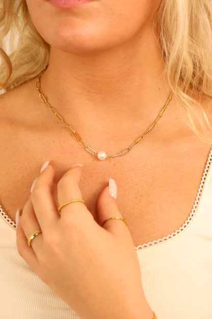 18K Gold PVD Stainless Steel Paperclip Necklace With Pearl / CHN9956