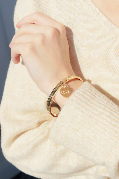 18K Gold PVD Stainless Steel Love Languages Heart Charm Bangle / BRJ1013