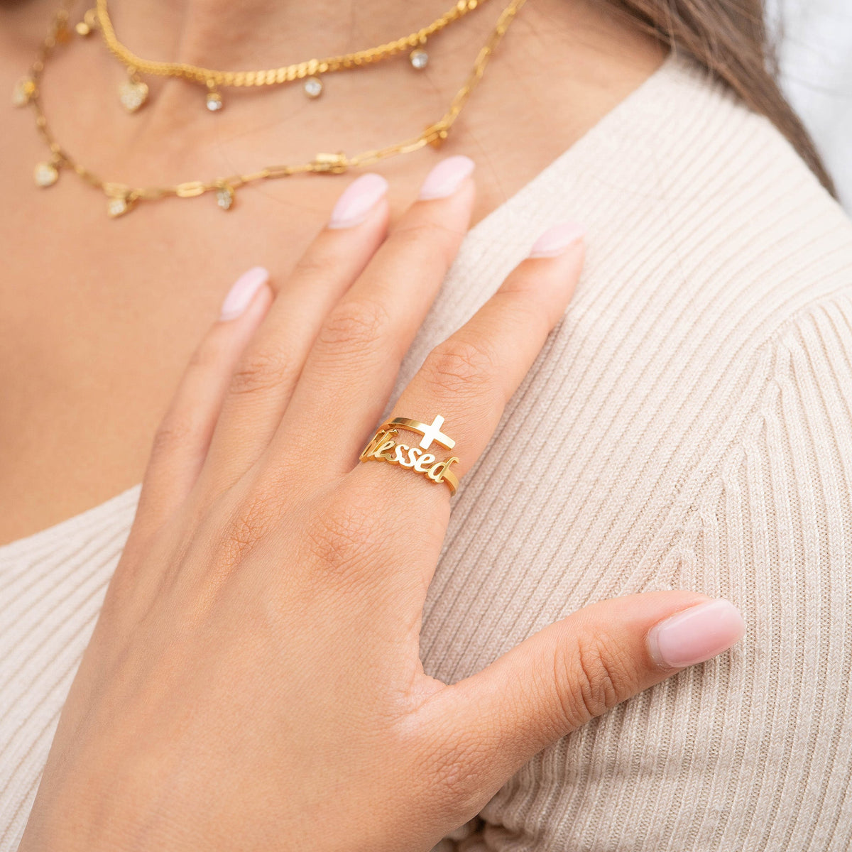 18K Gold PVD Stainless Steel Adjustable "Blessed" Ring / KSS0007