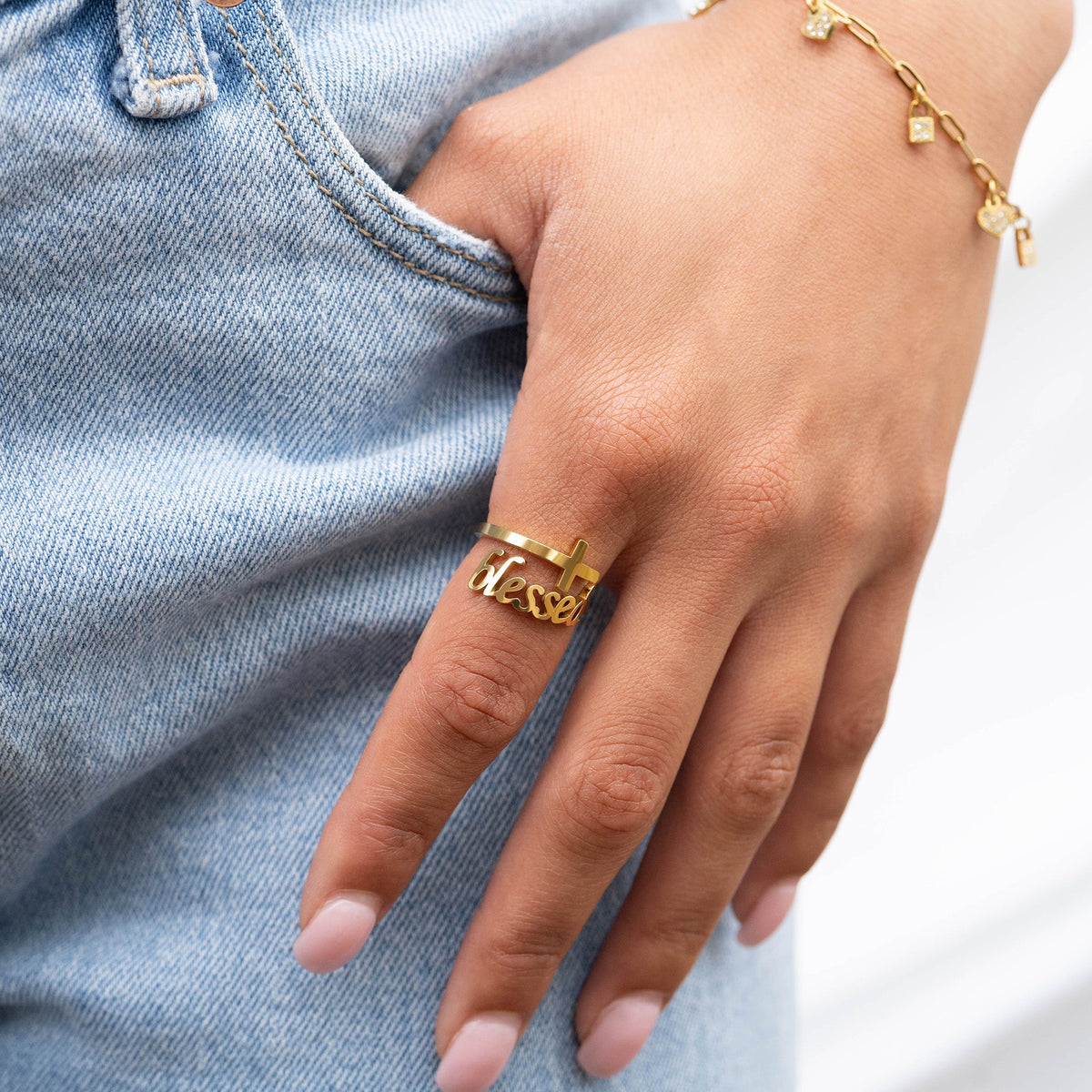 18K Gold PVD Stainless Steel Adjustable "Blessed" Ring / KSS0007