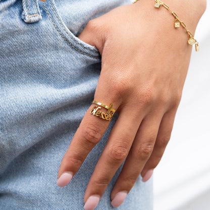18K Gold PVD Stainless Steel Adjustable "Blessed" Ring / KSS0007