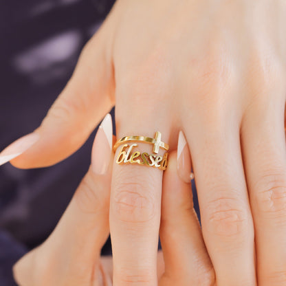 18K Gold PVD Stainless Steel Adjustable "Blessed" Ring / KSS0007