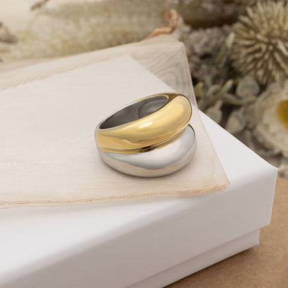 18K Gold PVD Stainless Steel Mixed Metal Side By Side Ring / KSS0024