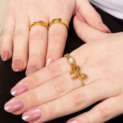 18K Gold PVD Stainless Steel Adjustable Bow Ring / KSS0026