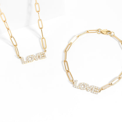 18K Gold PVD Stainless Steel Stone "Love" Paperclip Chain Necklace / CHN9974