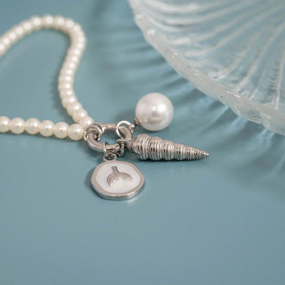 18K Gold PVD Stainless Steel Glass Pearl Charm Keeper Bracelet / SBB0337