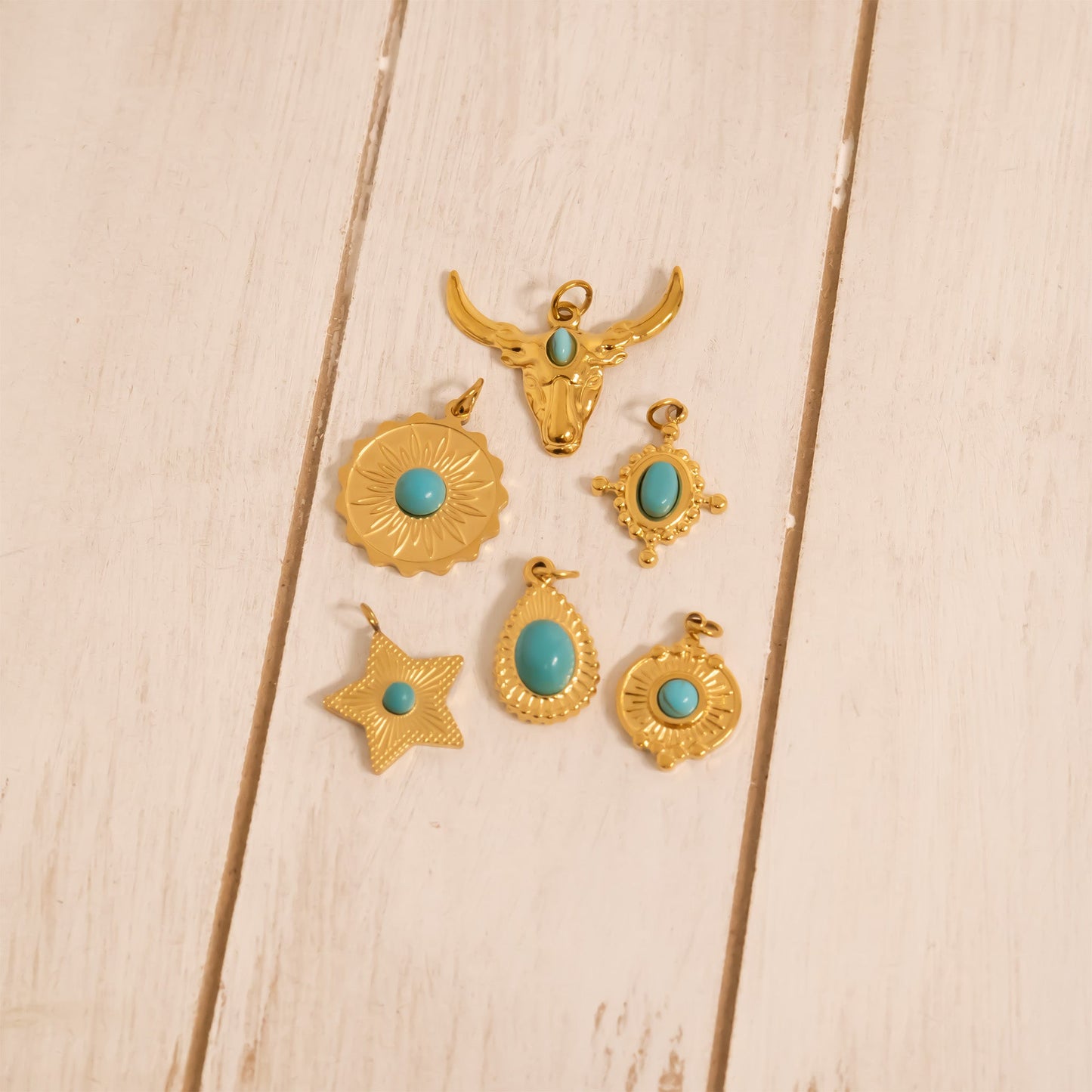 18K Gold PVD Stainless Steel Turquoise Compass Charm / PDL0313
