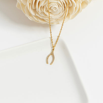 18K Gold PVD Stainless Steel Rhinestone Wishbone Charm / PDL0272