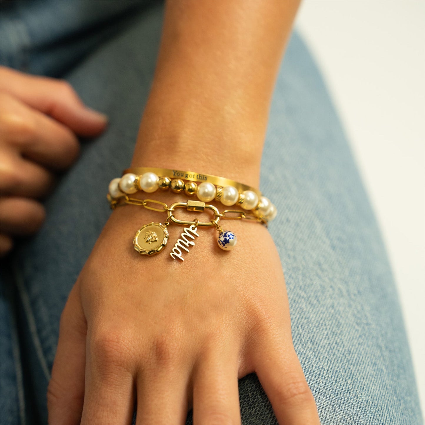 18K Gold PVD Stainless Steel Floral Printed Pearl / PDL0293