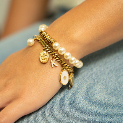 18K Gold PVD 8mm Kiska Glass Pearl Beaded Stretch Bracelet / BRJ1081