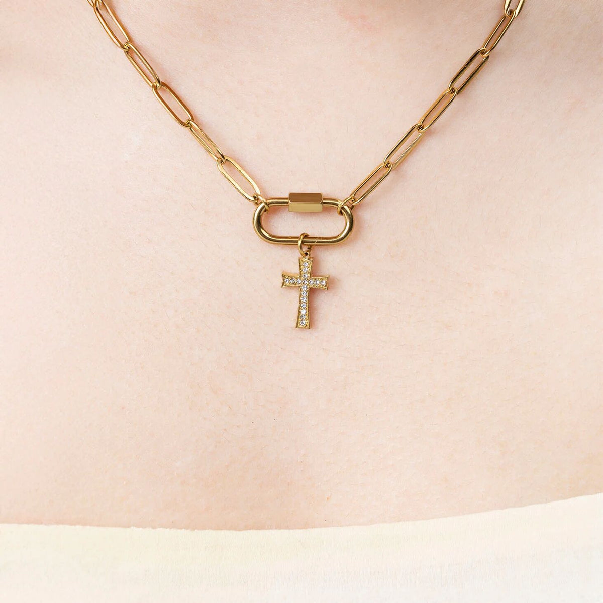 18K Gold PVD Stainless Steel Stone Cross Charm / PDL0306