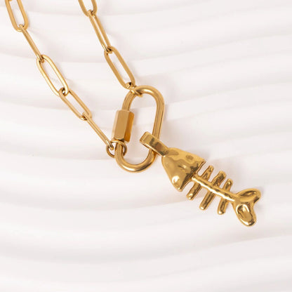 18K Gold PVD Stainless Steel Paperclip Carabiner Charm Holder Necklace / CHN0107