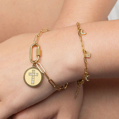 18K Gold PVD Stainless Steel Stone Cross Circle Charm / PDL0364