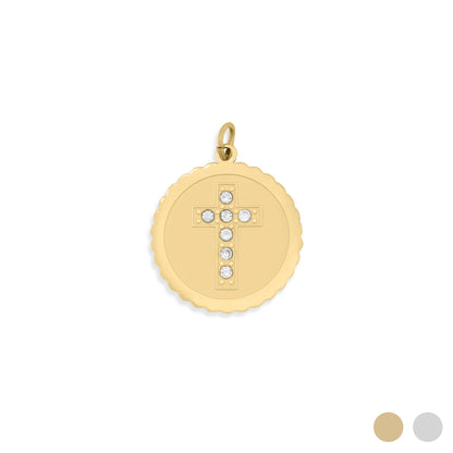 18K Gold PVD Stainless Steel Stone Cross Circle Charm / PDL0364