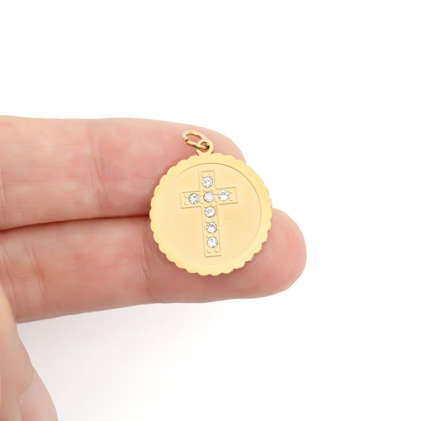 18K Gold PVD Stainless Steel Stone Cross Circle Charm / PDL0364