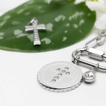 18K Gold PVD Stainless Steel Stone Cross Circle Charm / PDL0364