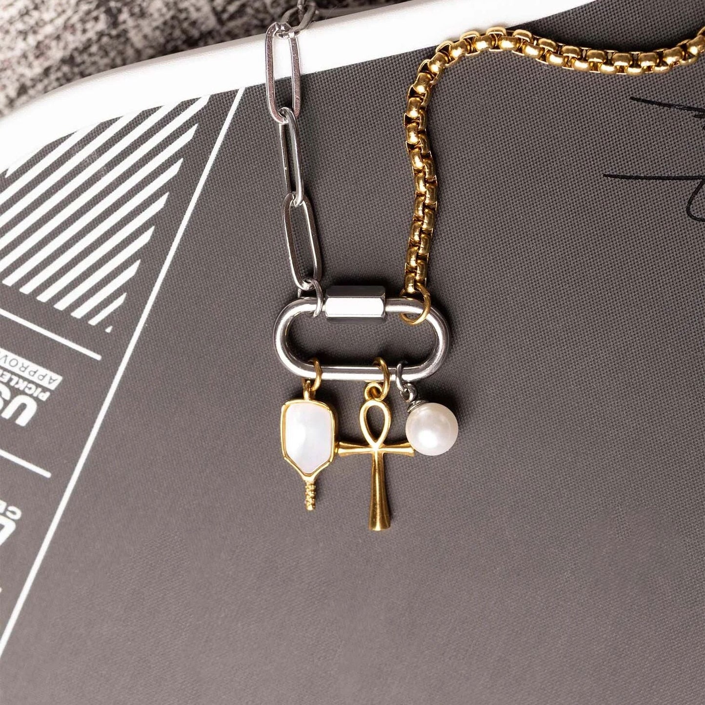 18K Gold PVD Stainless Steel Mother Of Pearl Pickleball Charm / PDL0368