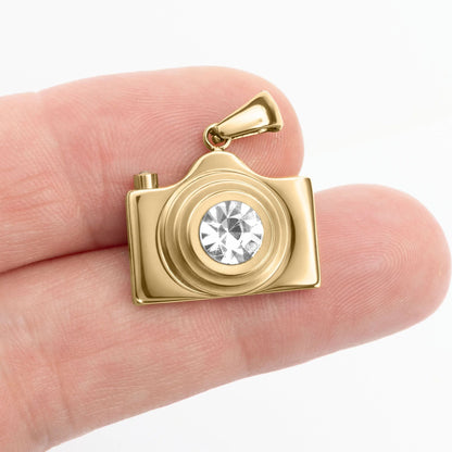 18K Gold PVD Stainless Steel Camera Charm CZ Stone Lens / PDL0371
