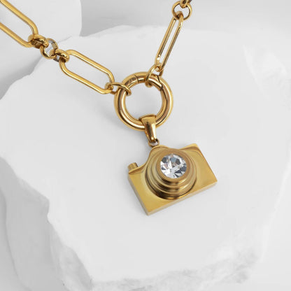 18K Gold PVD Stainless Steel Camera Charm CZ Stone Lens / PDL0371