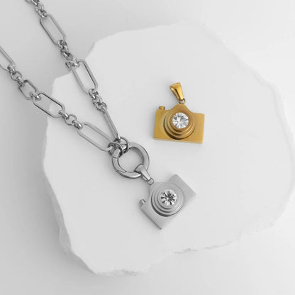 18K Gold PVD Stainless Steel Camera Charm CZ Stone Lens / PDL0371