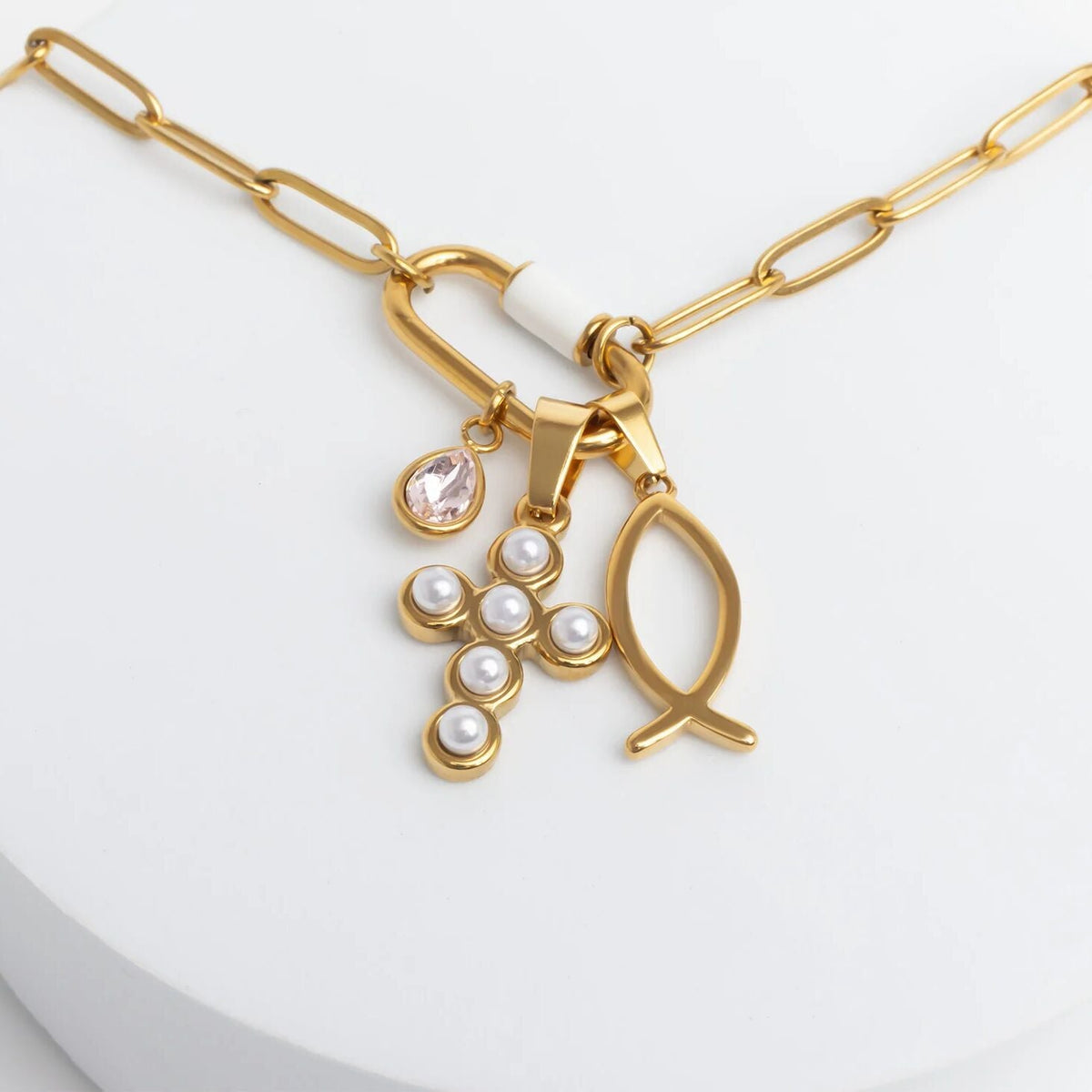 18K Gold PVD Stainless Steel Pearl Cross Charm / PDL0372