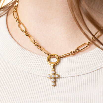 18K Gold PVD Stainless Steel Pearl Cross Charm / PDL0372