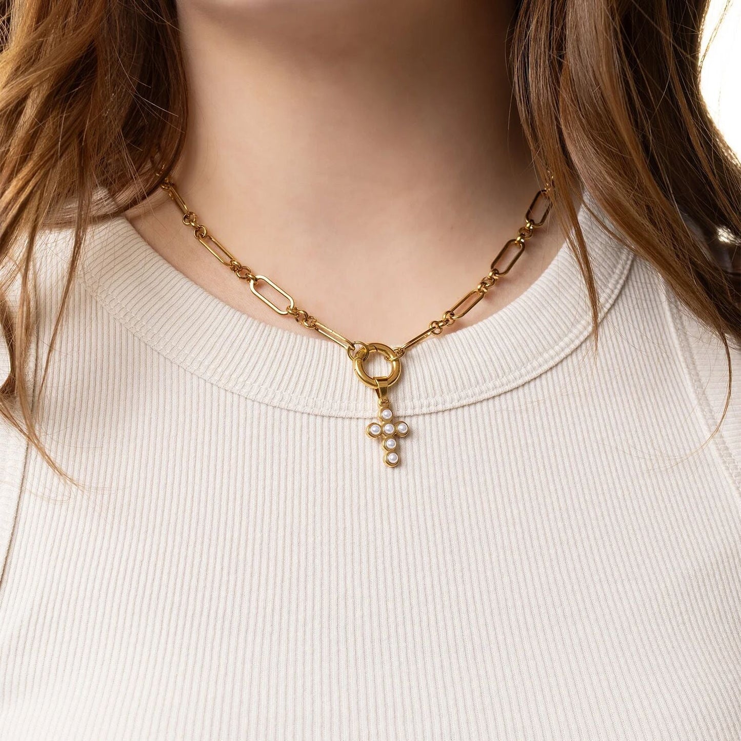 18K Gold PVD Stainless Steel Pearl Cross Charm / PDL0372