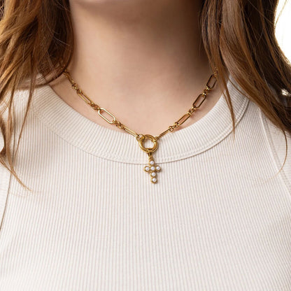 18K Gold PVD Stainless Steel Pearl Cross Charm / PDL0372