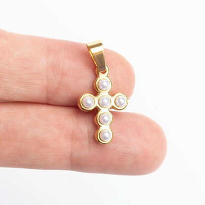 18K Gold PVD Stainless Steel Pearl Cross Charm / PDL0372