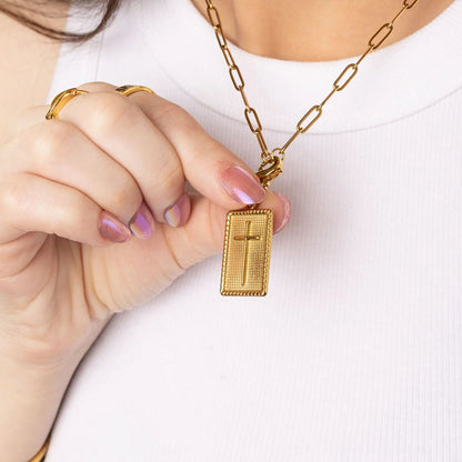 18K Gold PVD Stainless Steel Square Pendant with Cross / PDL0375