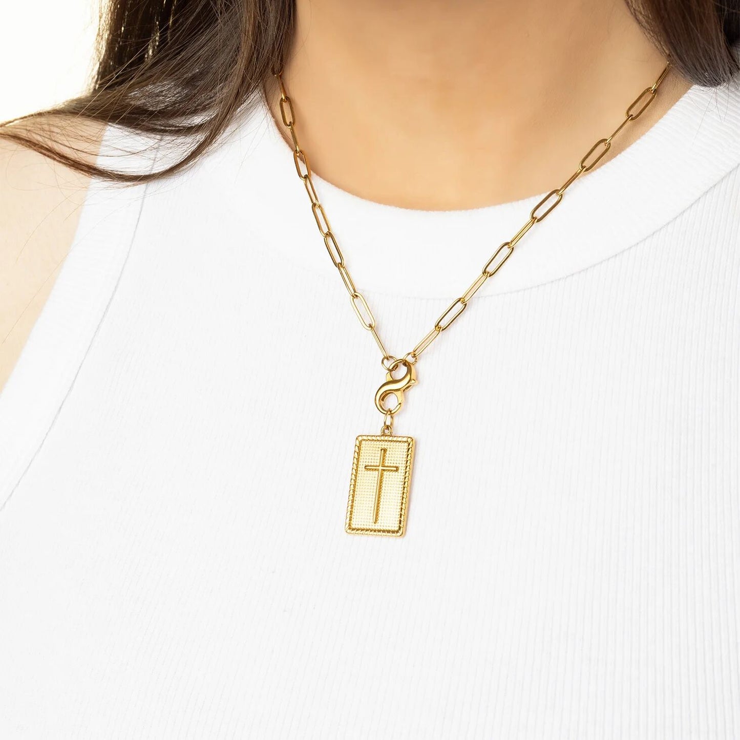 18K Gold PVD Stainless Steel Square Pendant with Cross / PDL0375